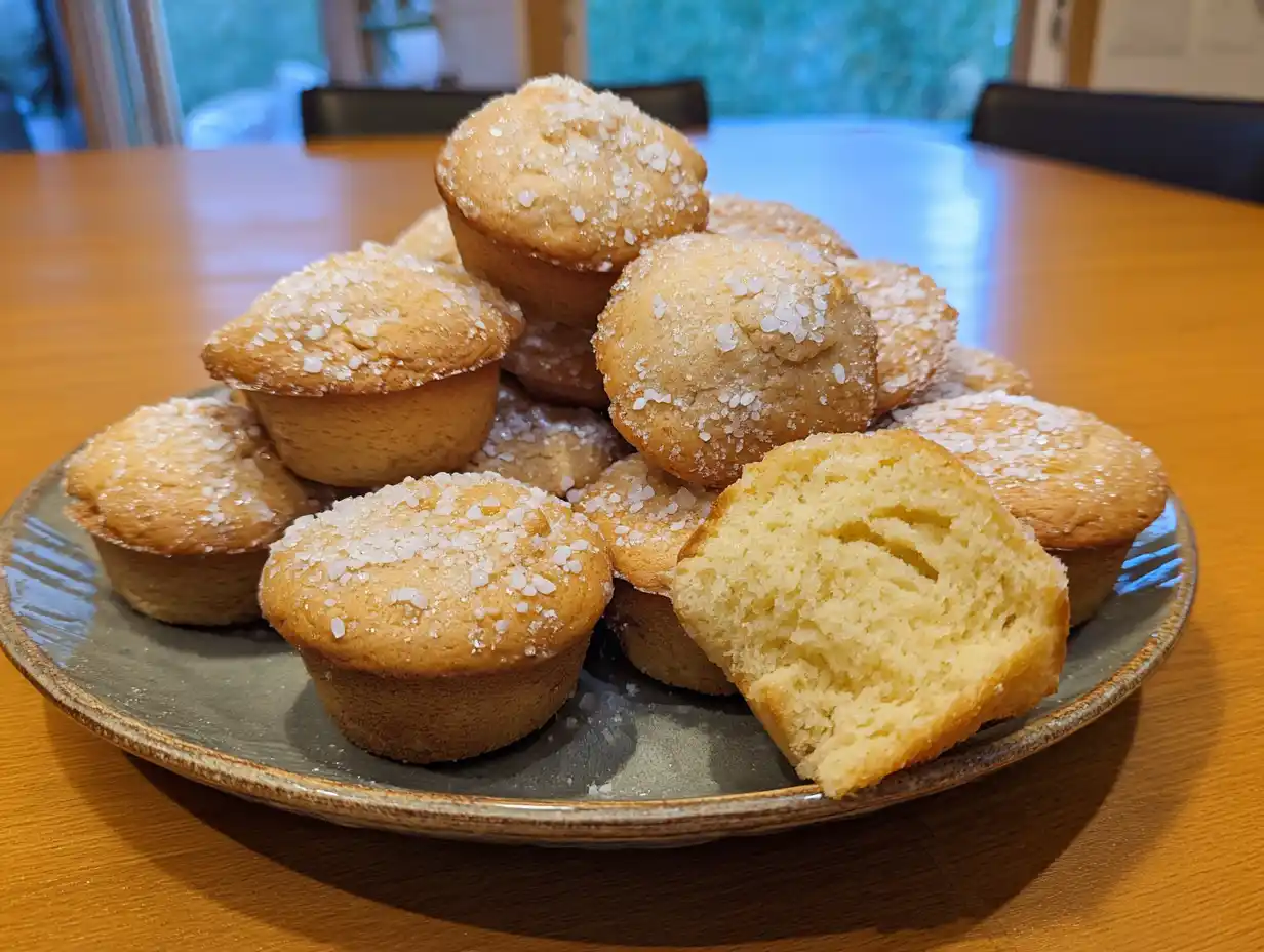 enkla saker att baka som nygräddade vaniljmuffins med rund topp, ljus smula och lite socker på ett enkelt fat.