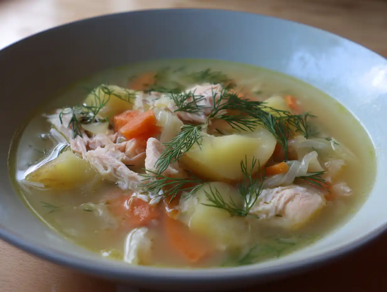 Fisksoppa fänkål i djup tallrik med torsk, potatis, dill och mjuk fänkål i klar gyllene buljong.