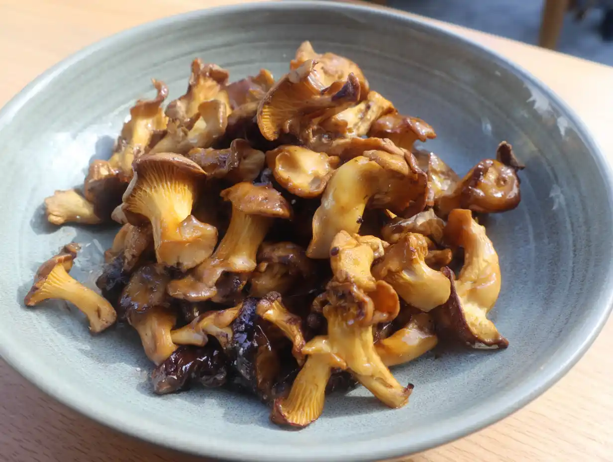 förvällning av kantareller i kastrull, gyllene svamp som kokat ner och är redo att svalna inför infrysning.