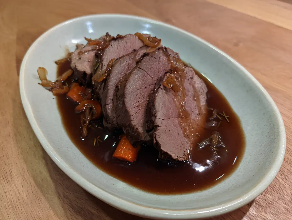 fransyska dovhjort skivad på fat med mörk skysås, timjan och rostade rotfrukter i varm hemmamiljö