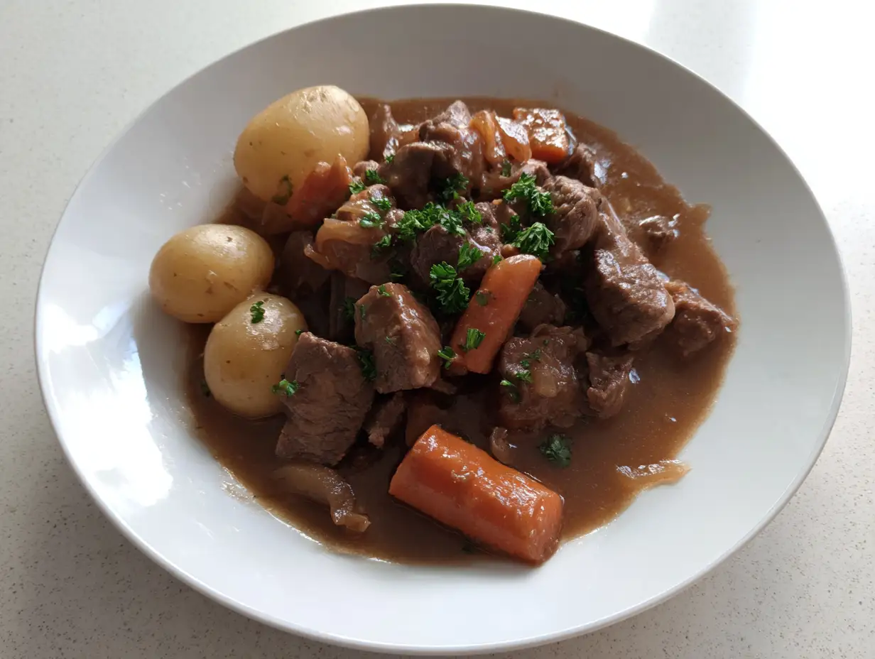 fransyska gryta i djup tallrik med mört nötkött, morötter och blank sås, toppad med persilja