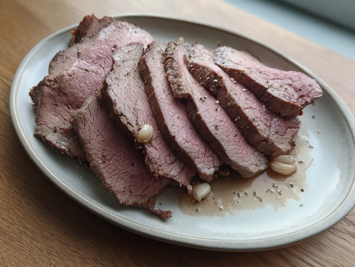 fransyska sous vide uppskuren i skivor med rosa mitt, brynt stekyta och köttsaft på ett enkelt fat i hemmakök