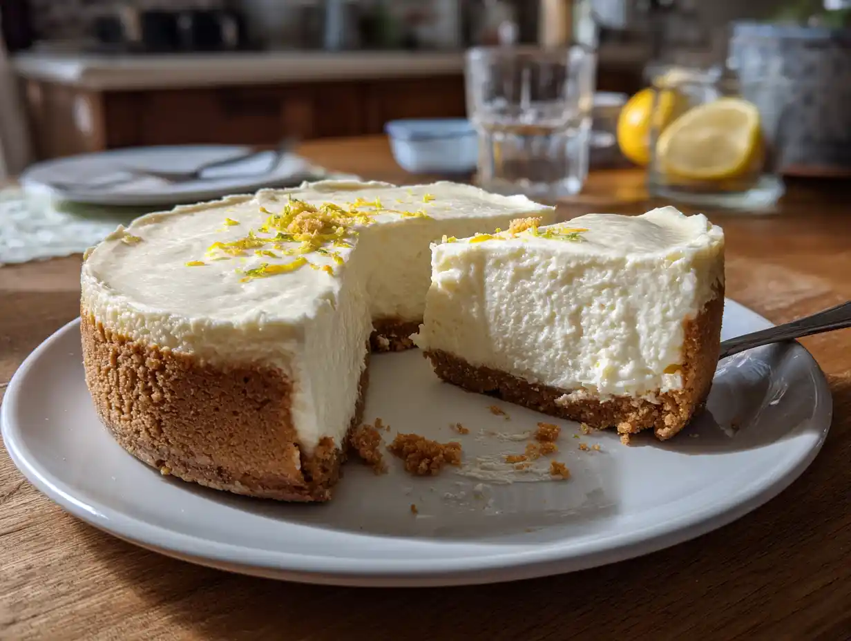 Frozen cheesecake med krämig fyllning och kexbotten, skuren i bitar på ett fat hemma i köket.