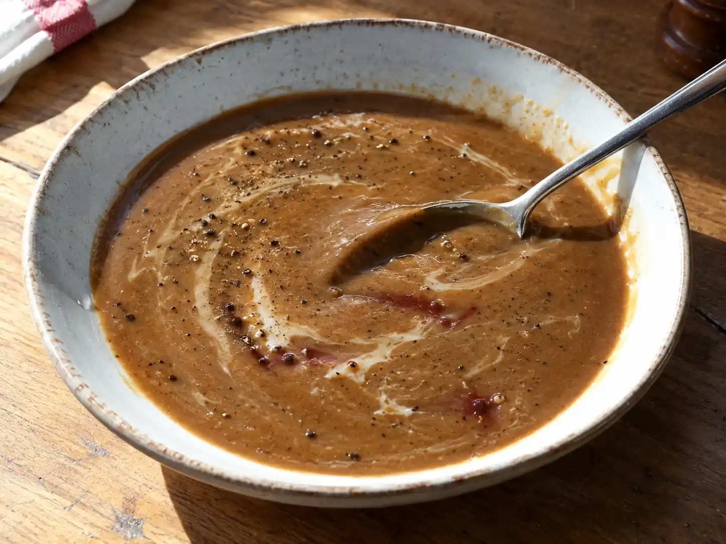 gammaldags brunsås i skål med len brun yta, serverad till köttbullar, potatis och lingon