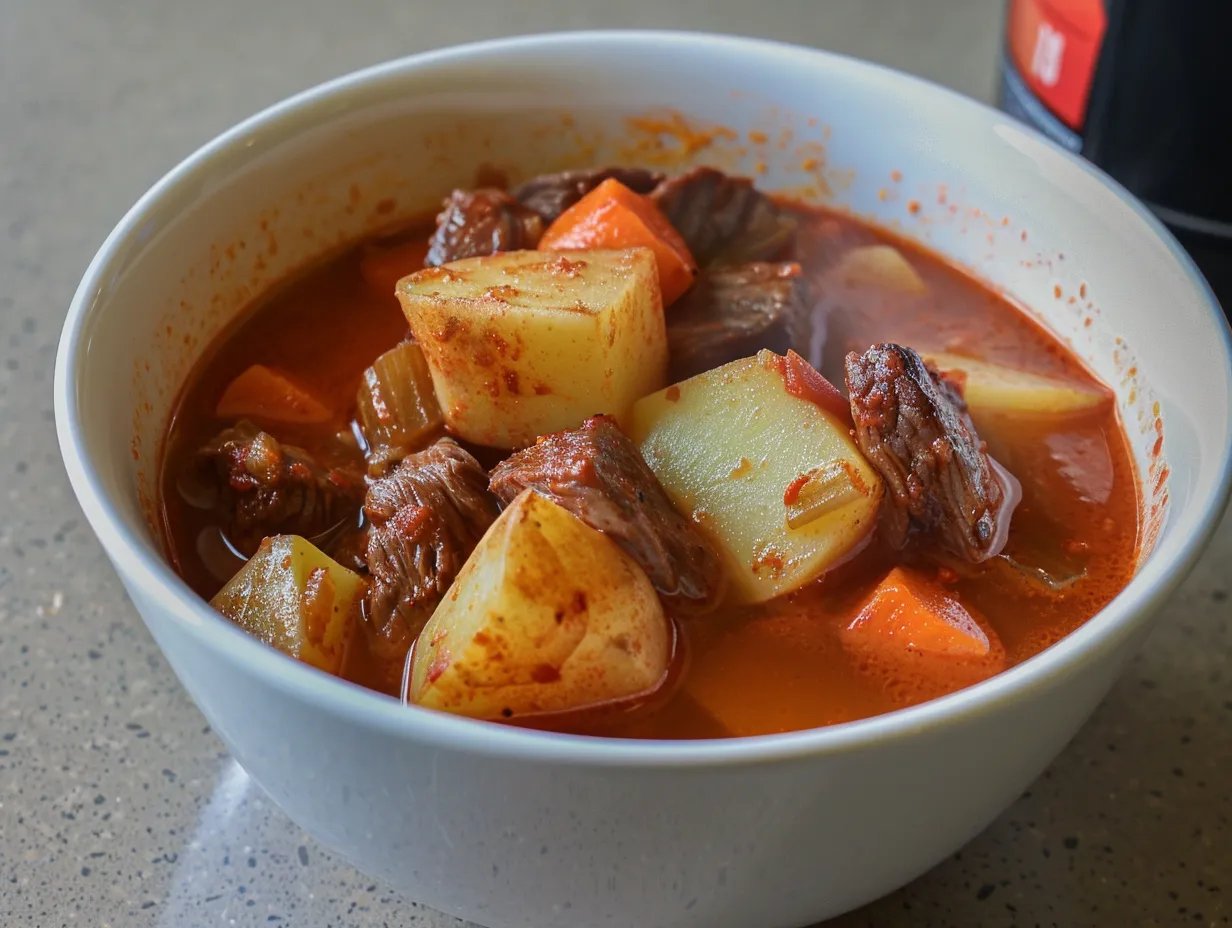 Gulaschsoppa med mört nötkött, potatis och paprika i mustig buljong