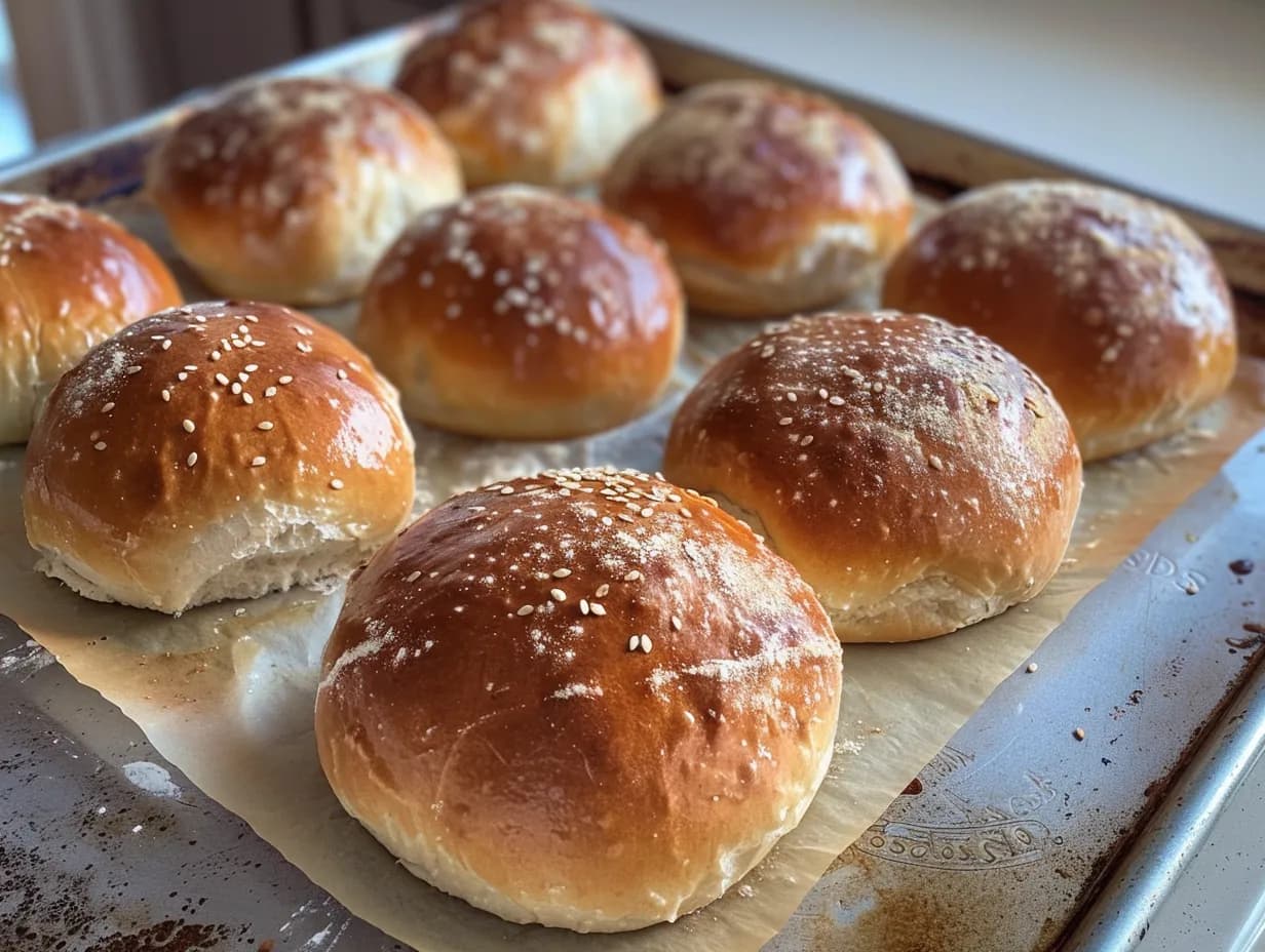Hamburgerbröd som är mjuka och fluffiga med sesam på toppen, perfekta till hamburgare