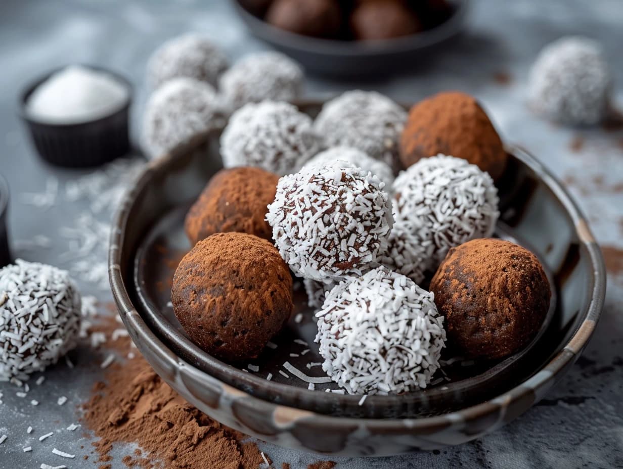 En hög med havrebollar utan socker rullade i kokosflingor serverade på ett fat bredvid en kopp kaffe.