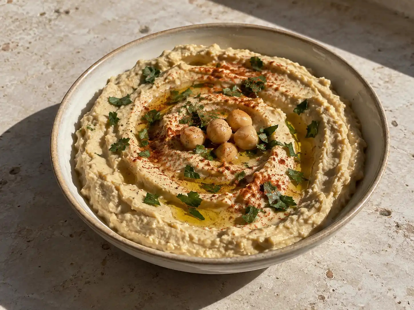 hummus i en låg skål med olivolja, paprikapulver och persilja, serverad med pitabröd och grönsaker