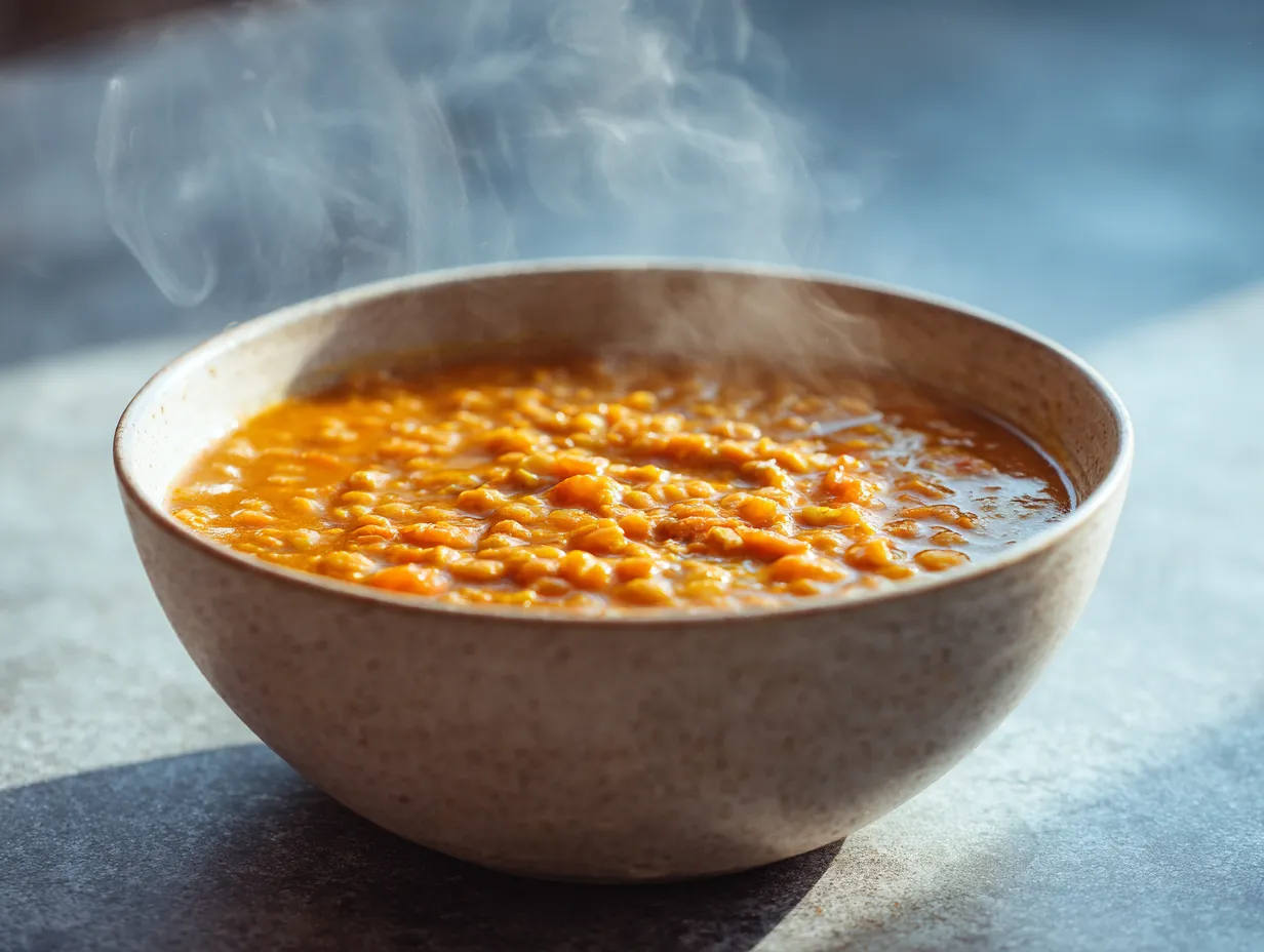 En skål med indisk daal gjord på röda linser och kokosmjölk serverad med ris.