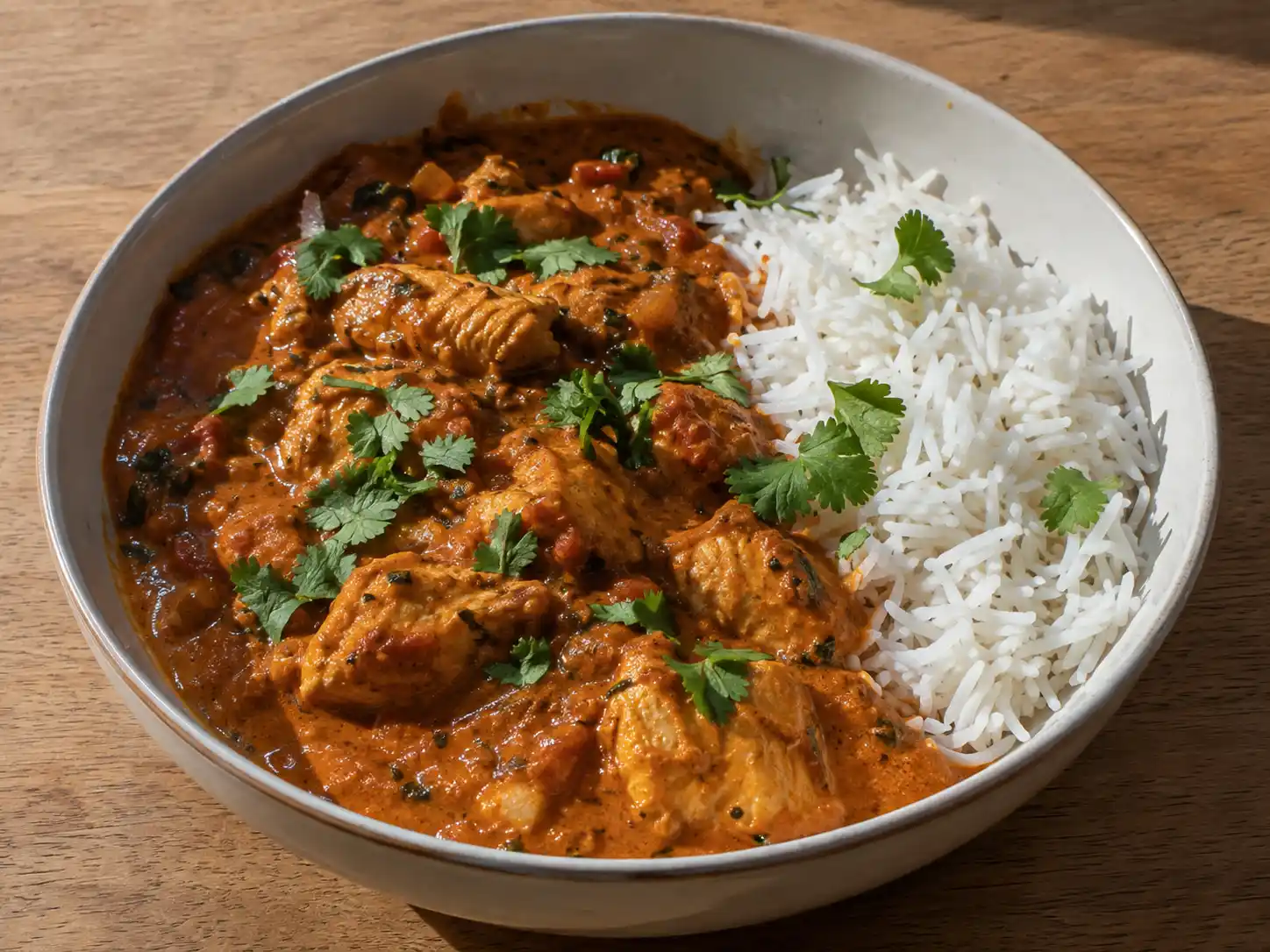 indisk kycklinggryta med saftiga kycklingbitar i krämig tomat- och kokossås, serverad med basmatiris
