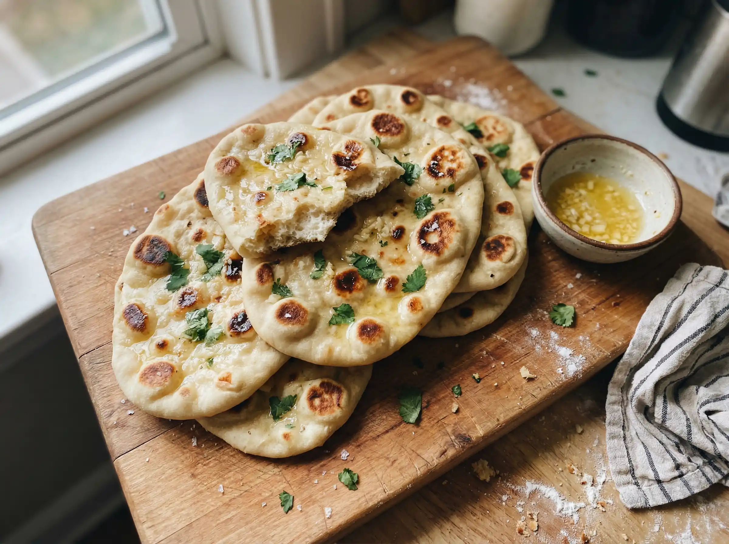 Indiskt bröd med gyllene bubblor på en skärbräda, nybakat naanbröd med smör och persilja