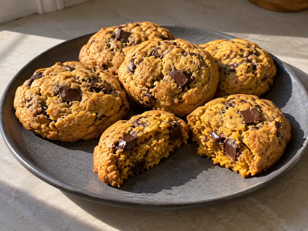 kakor med pumpa i mjuka gyllene cookies med synliga mörka chokladbitar, en delad kaka visar orangeaktig mitt