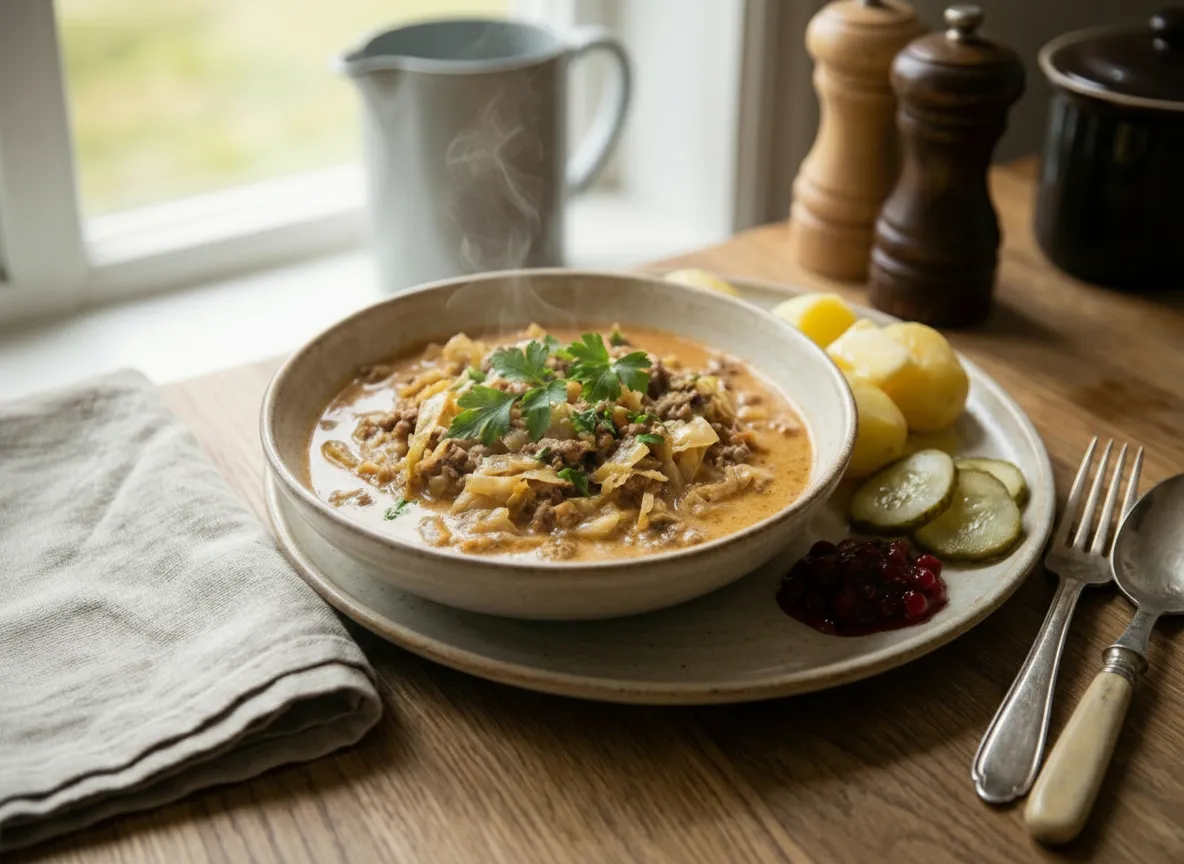 En rustik tallrik med gyllene Kålmaja, serverad tillsammans med nykokt potatis och krispiga skivor av saltgurka.
