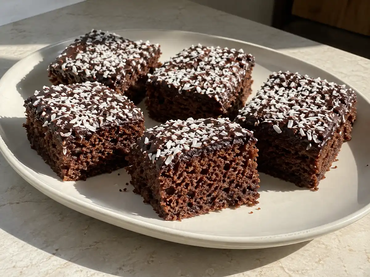Saftiga kärleksmums med mörk kaffeglasyr och kokos, skurna i jämna rutor på ett ljust fat.