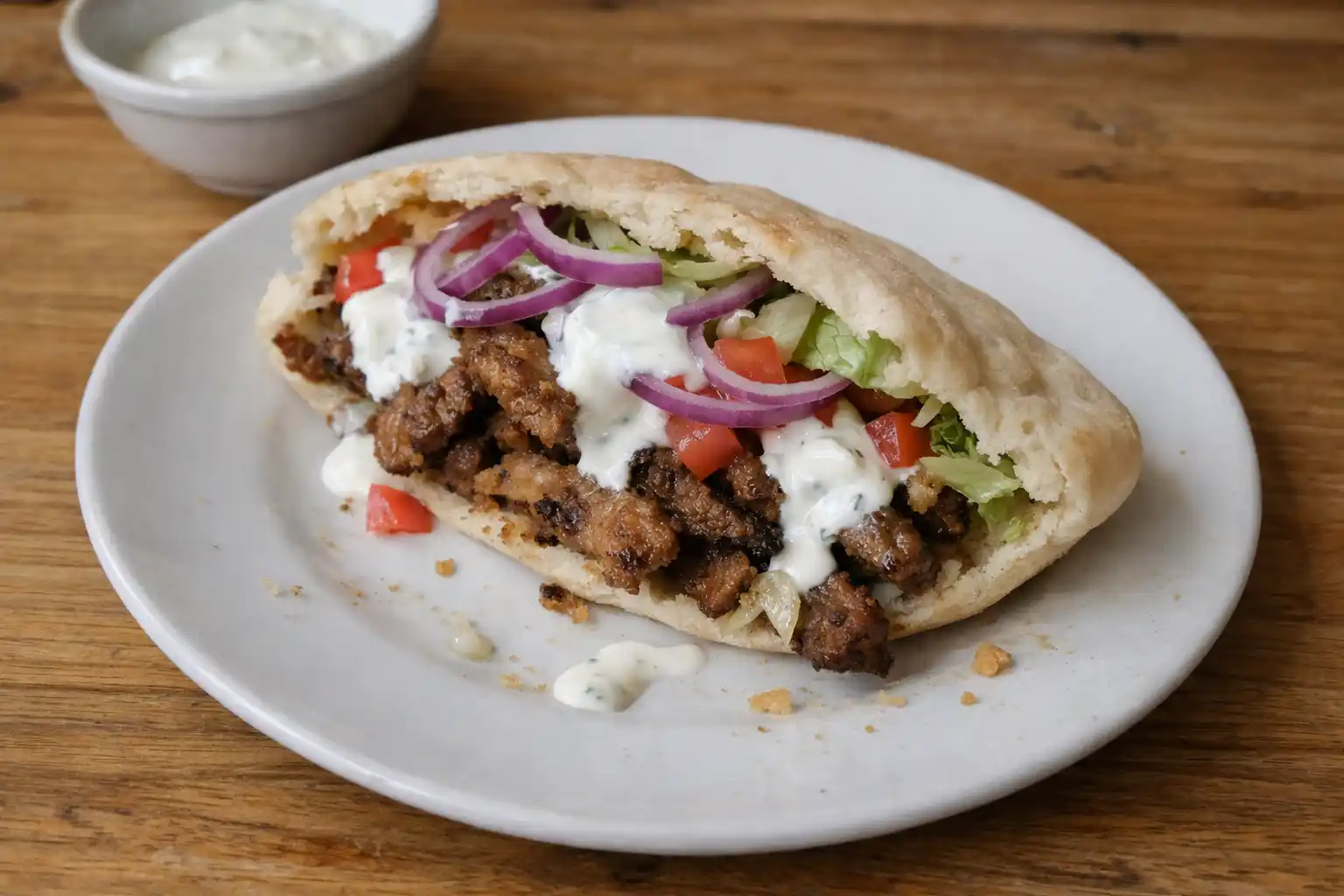 Kebab med bröd serverat på en enkel tallrik med sallad, rödlök och vitlökssås, hemlagat och rustikt