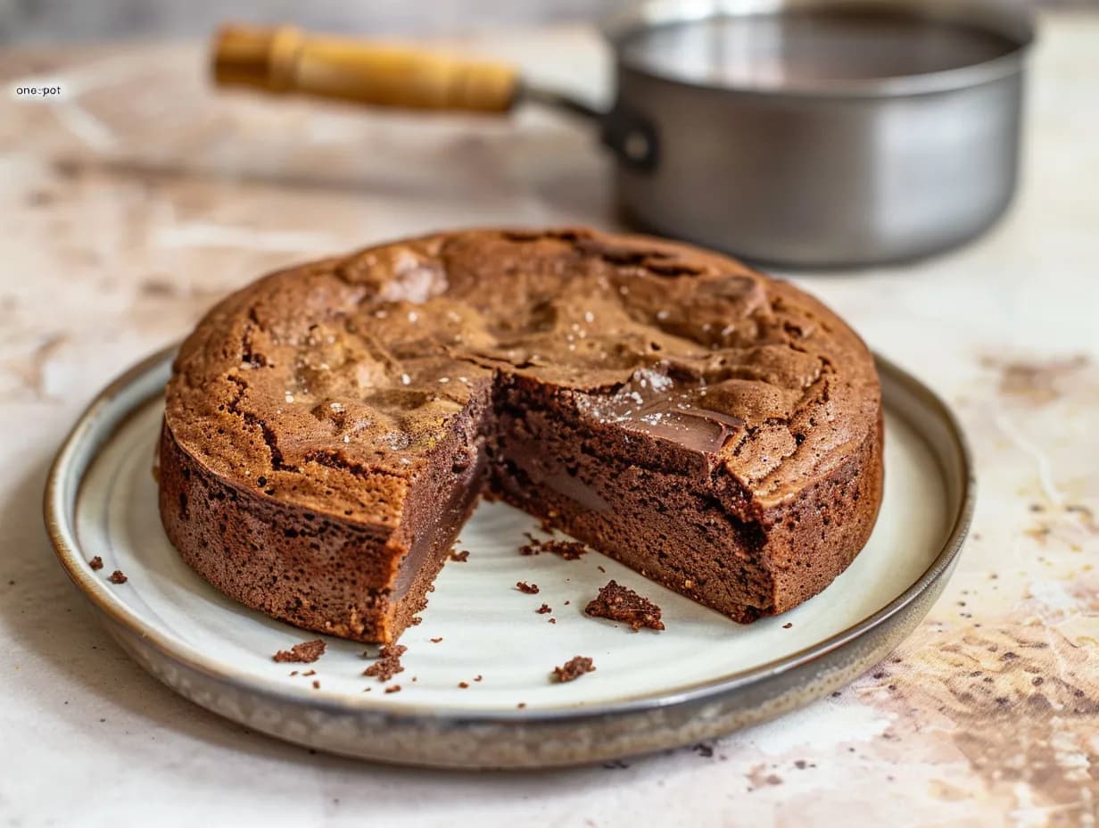 Kladdkaka i kastrull med blank yta och kladdig kärna, skuren i bitar och serverad på fat.