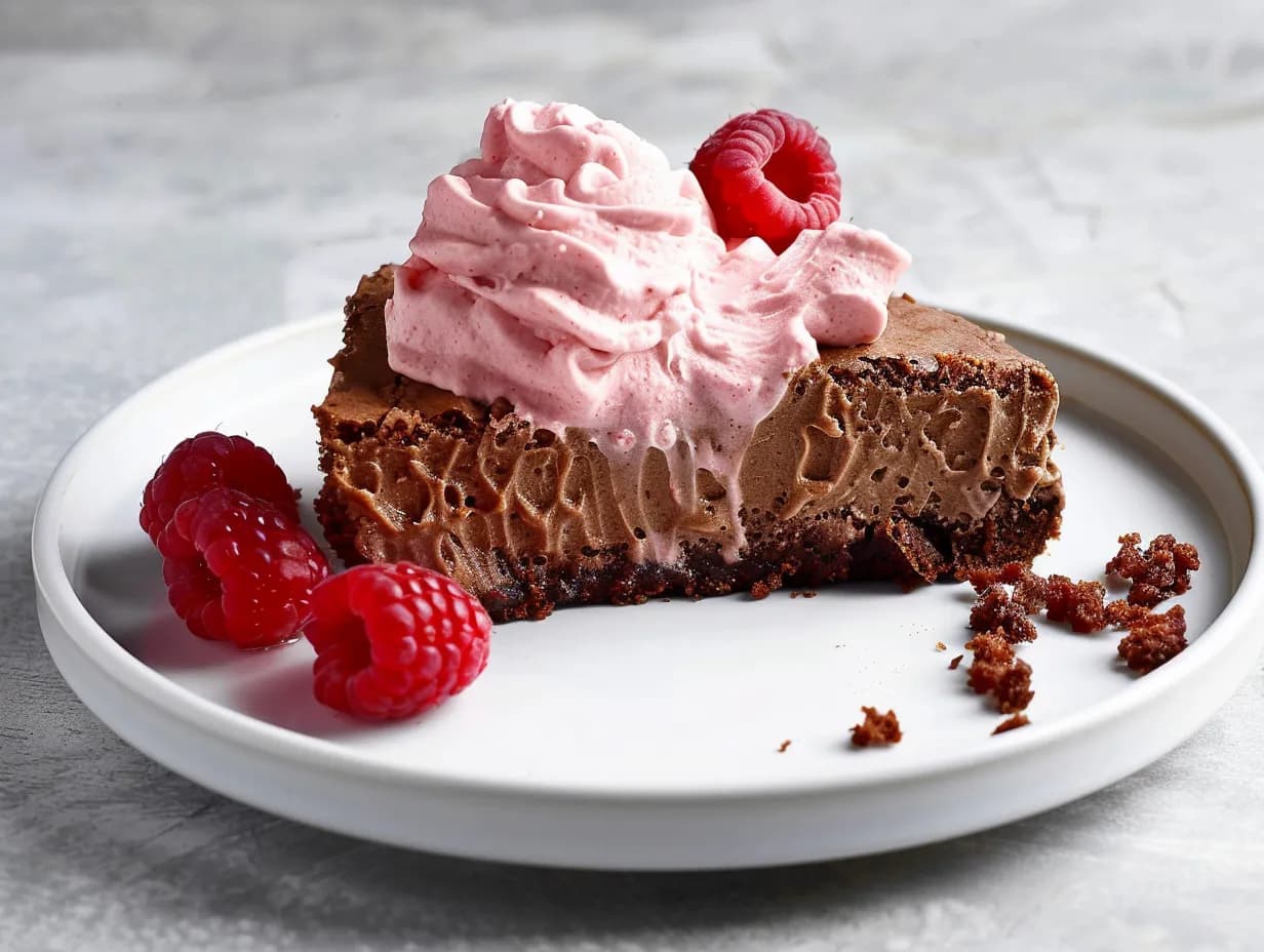 Kladdkaka med hallongrädde på fat, kladdig chokladbotten toppad med rosa grädde och hallon.