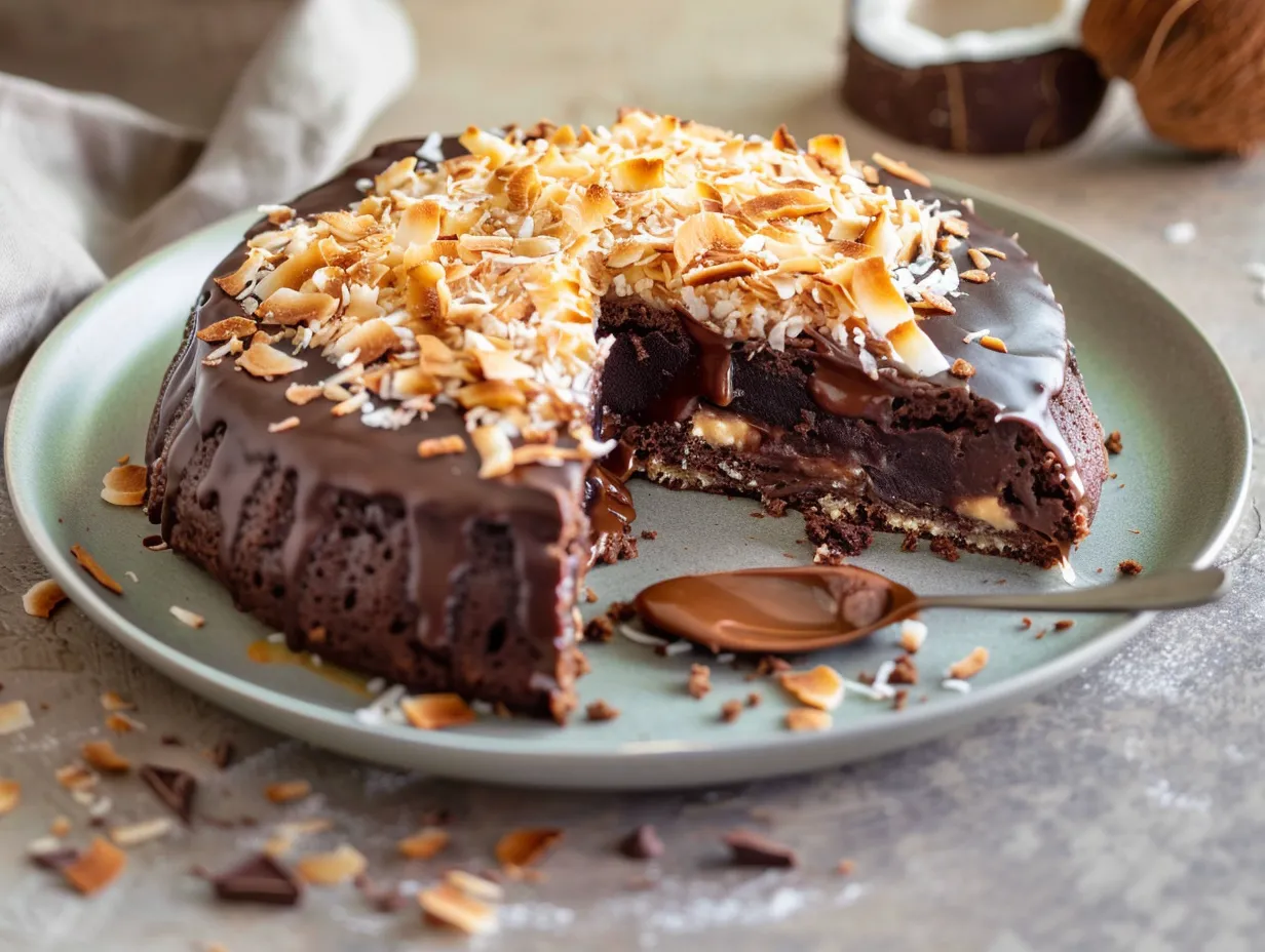 Kladdkaka med kokostosca med seg kokos-tosca och fudgig chokladbotten, skuren i rutor på fat.