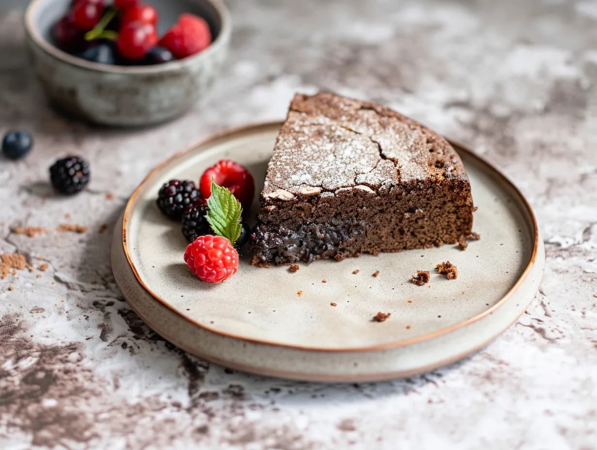 Kladdkaka med mandelmjöl med fudgig mitt, mörk kakaoyta och lätt krackelerad topp i rund form.