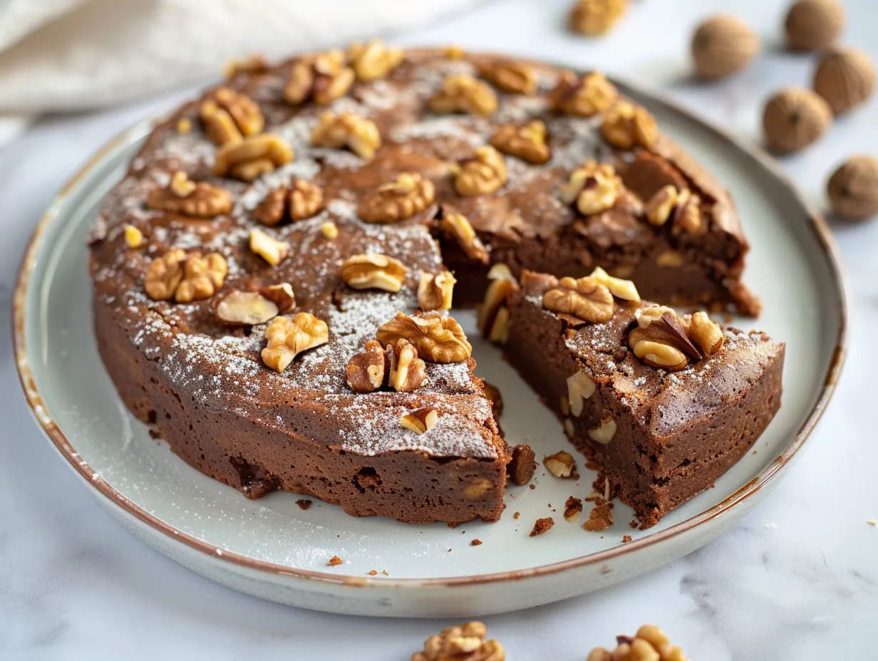 Kladdkaka med valnötter i rund form med kladdig mitt, knapriga nötter och flingsalt på toppen.