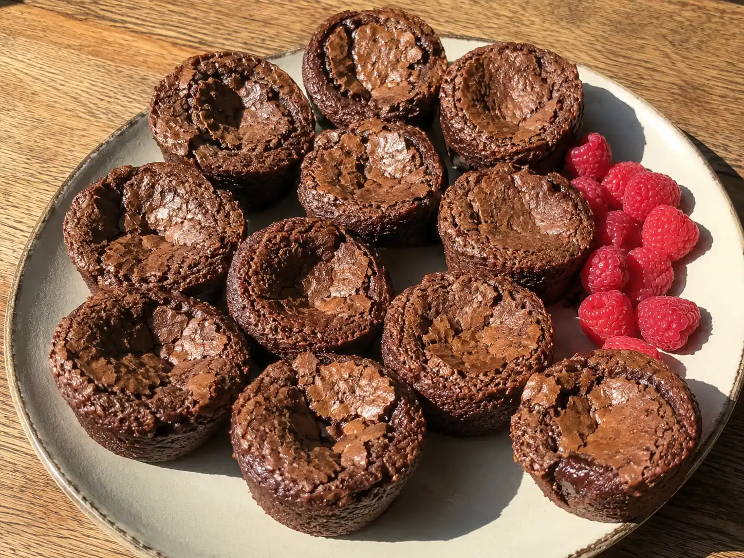 kladdkakemuffins med sprucken chokladyta, sega kanter och mjuk kladdig mitt på ett enkelt fat