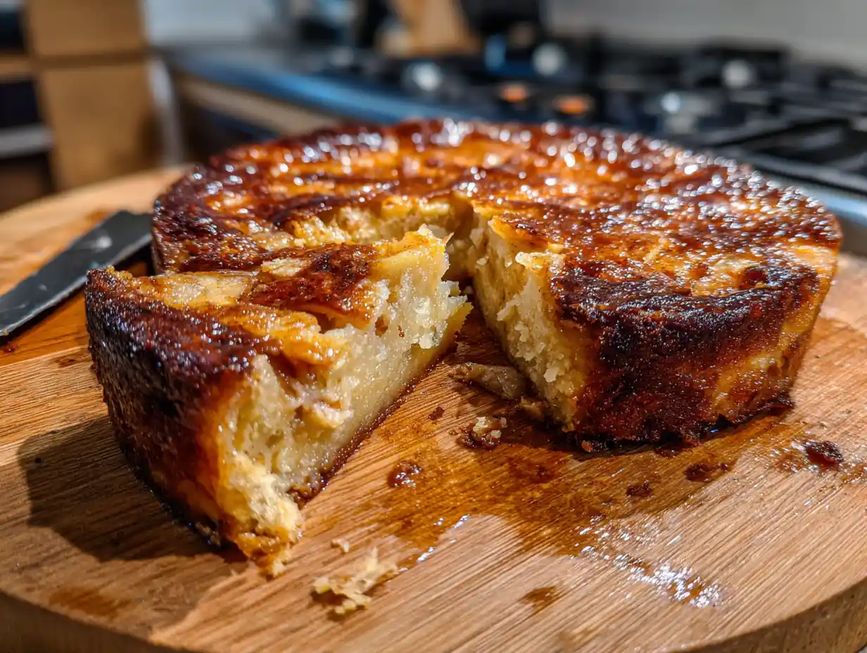 Knäckig äppelkaka med gyllenbrun karamelliserad topp, skuren bit visar saftig botten med äpplen