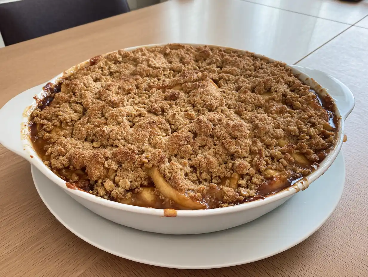 knäckig äppelpaj med havregryn och sirap i form med gyllene yta, mjuka äpplen och frasigt täcke