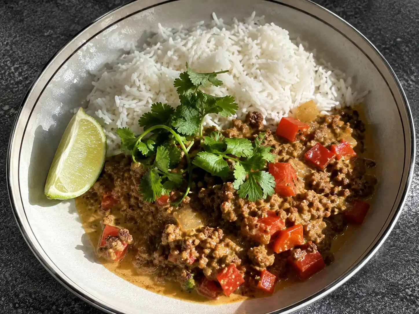 köttfärs med kokosmjölk i skål med ris, röd paprika, lime, koriander och krämig currysås
