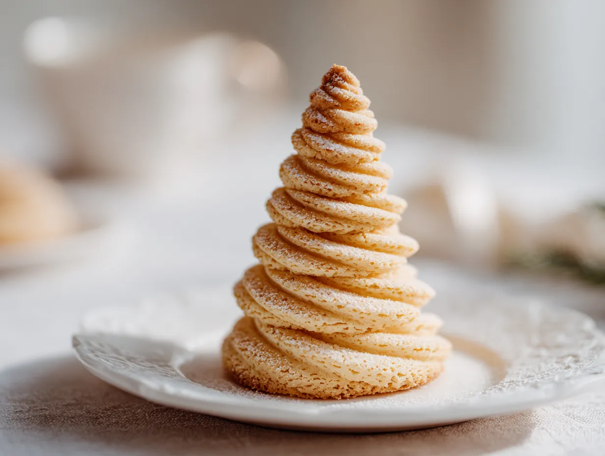 En ståtlig kransekage uppbyggd i vackra ringar med vit glasyr, perfekt som festlig kransekaka till nyår.