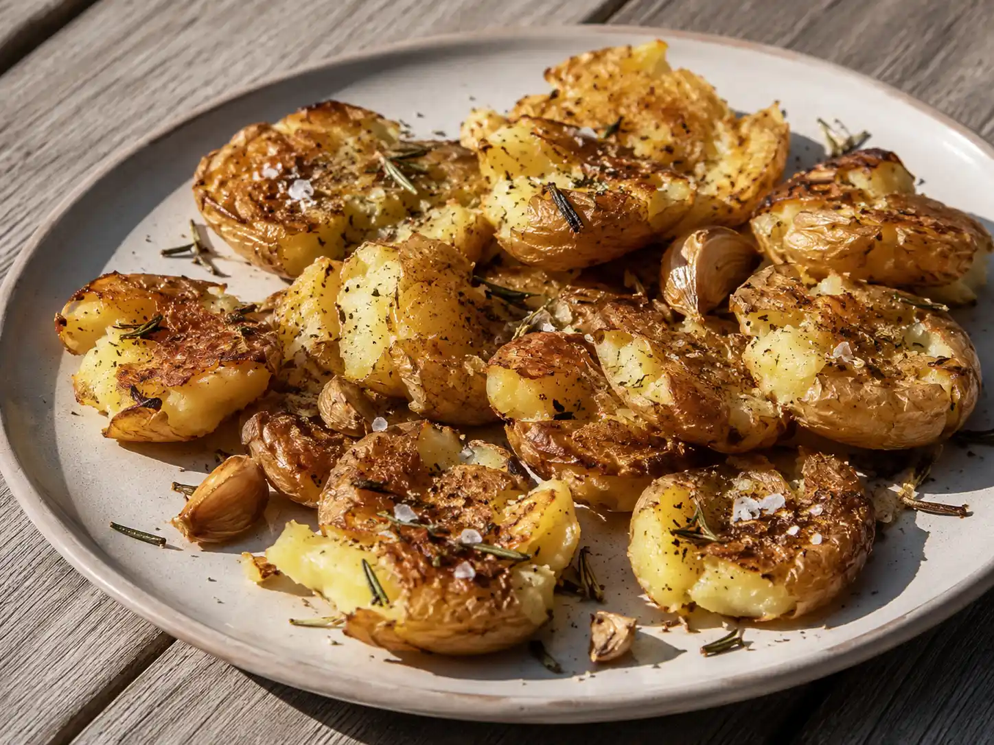 krossad potatis med gyllene frasiga kanter, rostad vitlök och rosmarin på en enkel tallrik
