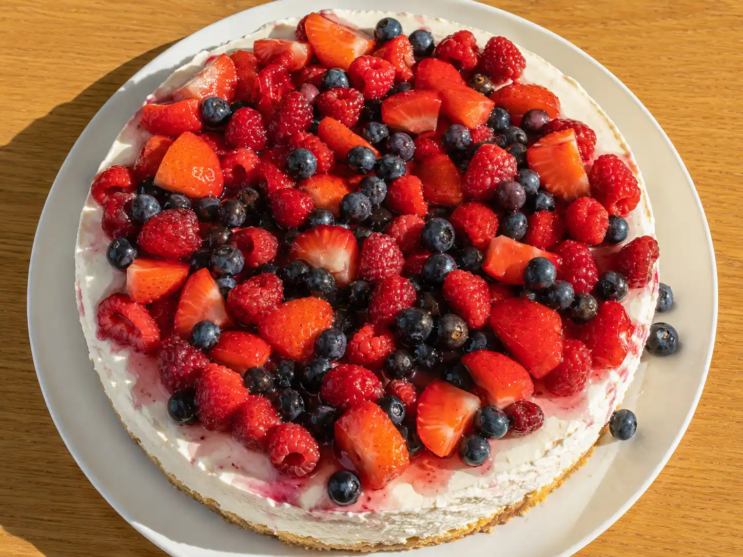 Kvarg cheesecake ovanifrån på ett vitt fat, skuren i bitar med färska bär på toppen och synlig kexbotten längs kanterna.