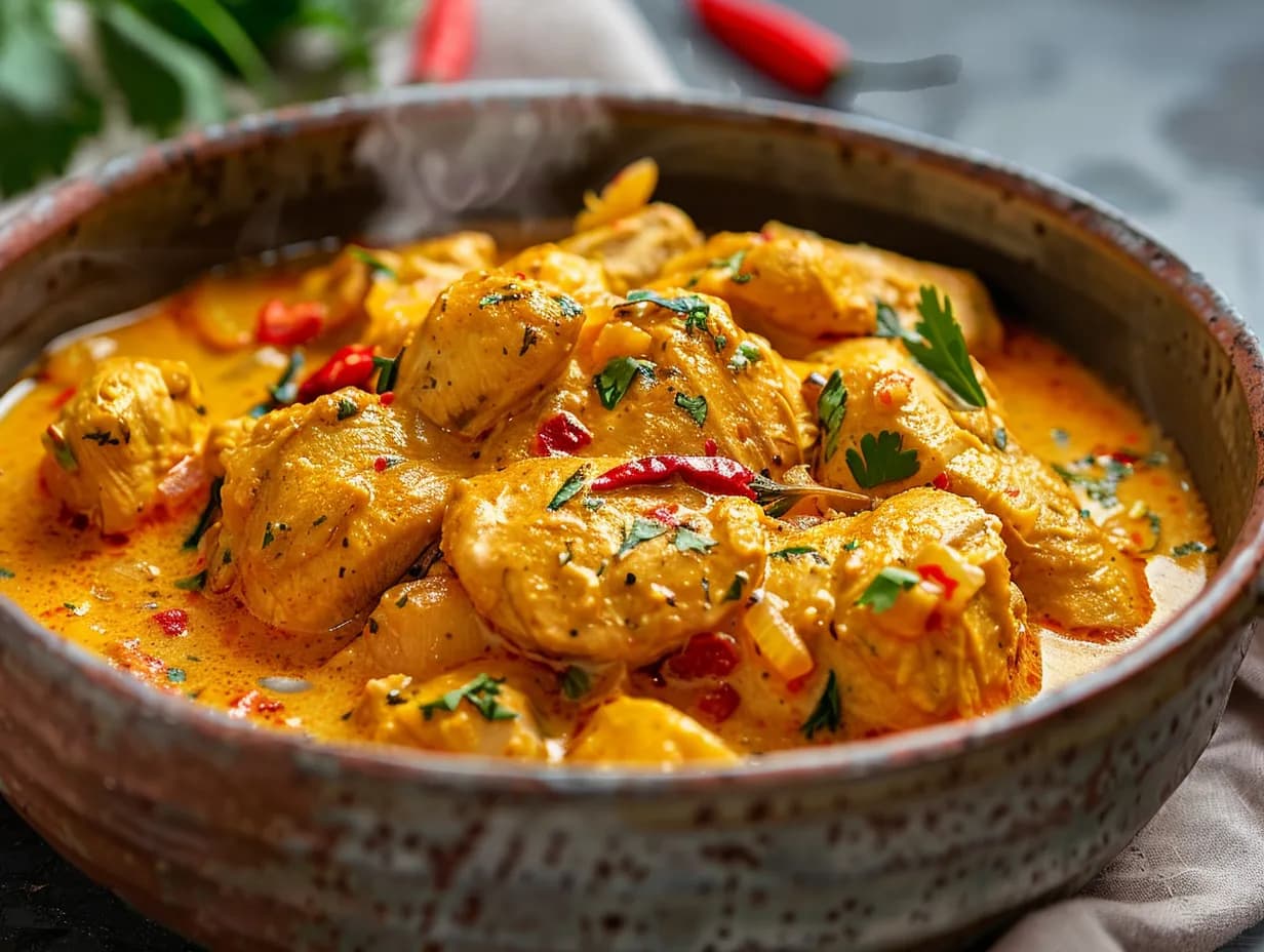 En mustig kyckling curry gryta med krämig sås serverad i en skål, toppad med färska örter och serverad med ris.