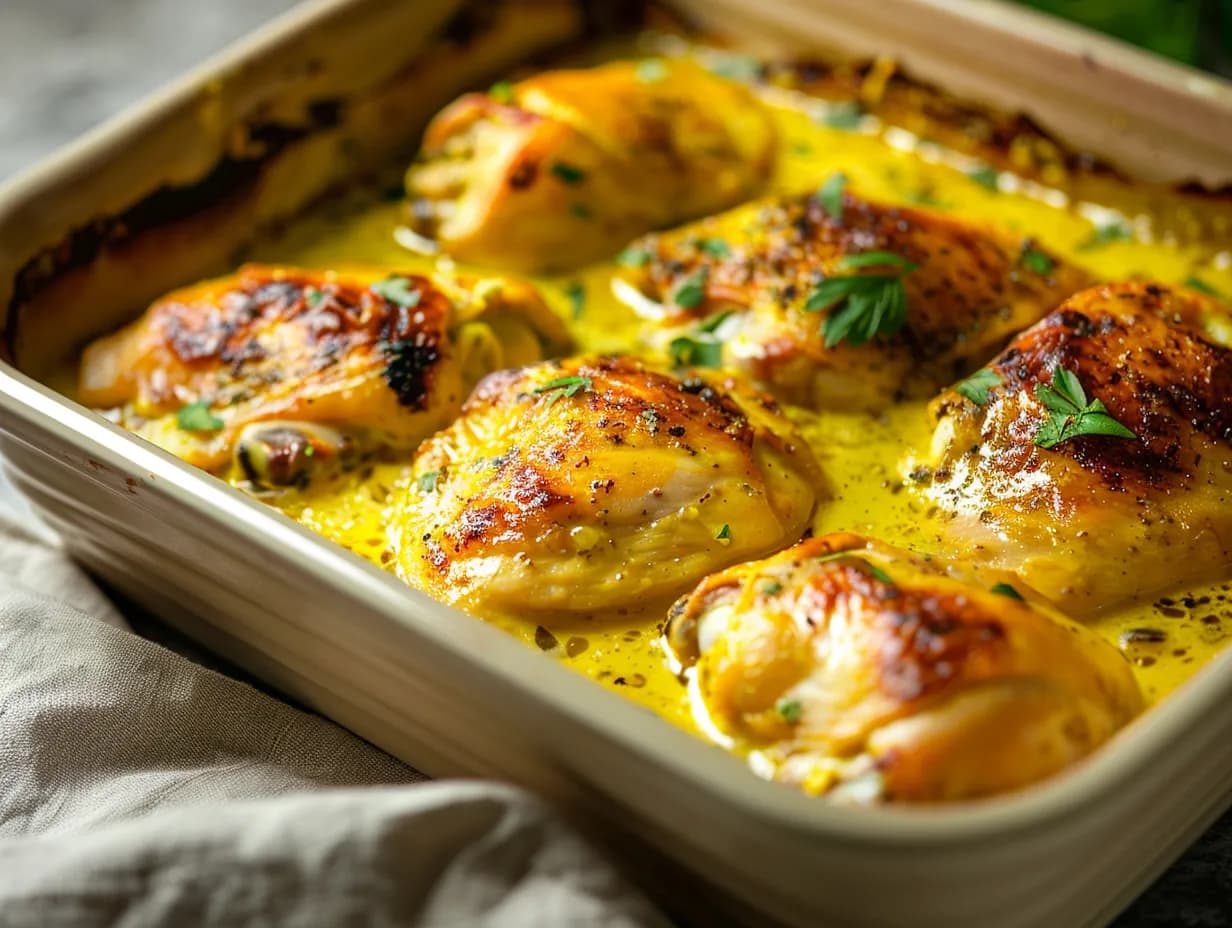 En ugnsform med bubblande kyckling curry i ugn där guldgul krämig sås täcker saftiga filéer, toppad med persilja.
