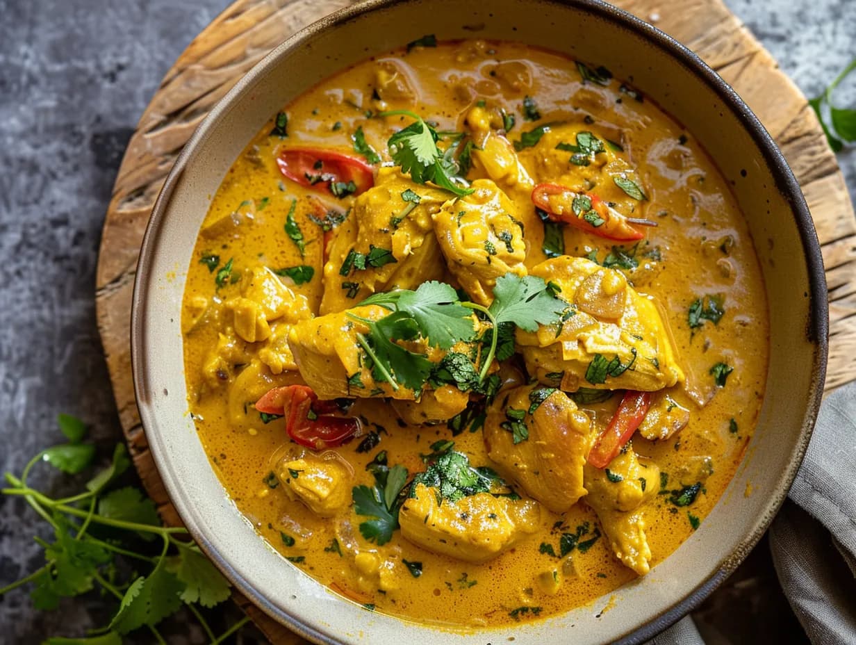 En krämig kyckling curry med mango chutney i en djup tallrik toppad med persilja.