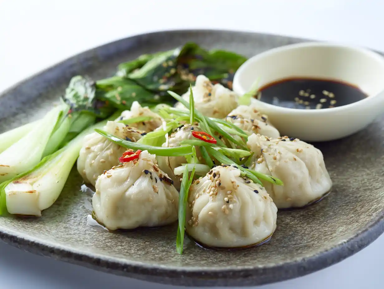 kyckling dumplings serverade med stekt pak choi, böngroddar, sesamfrön och ljus sojadressing på tallrik i dagsljus.