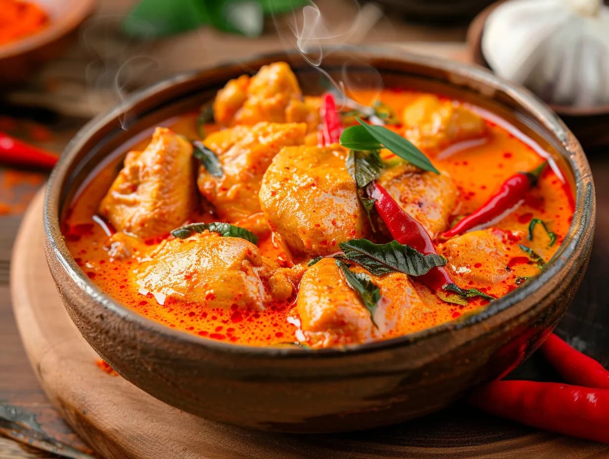 Kyckling röd curry kokosmjölk i skål med ris, paprika och koriander, rykande varm och krämig.