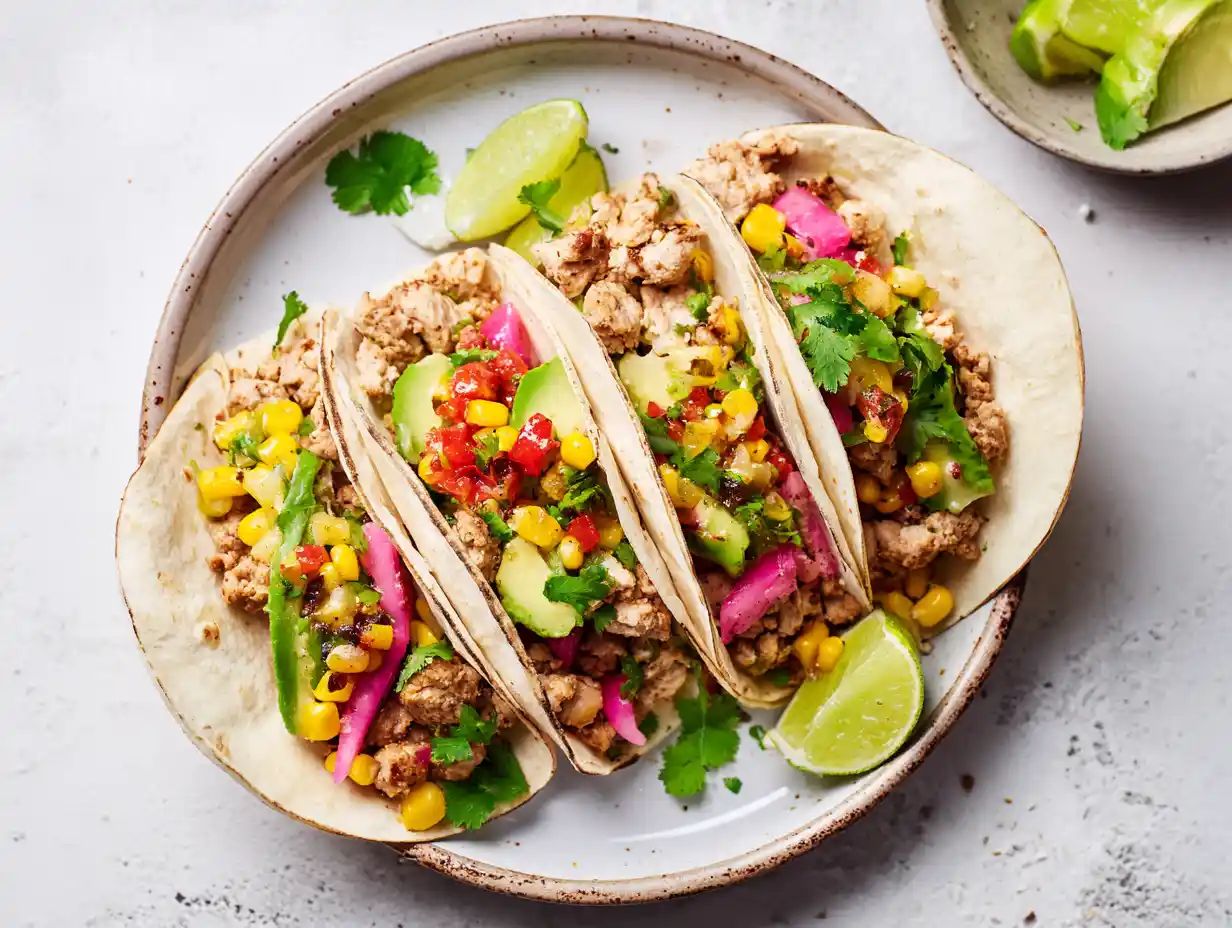 kyckling tacos fyllda med stekt kycklingfärs, avokadosallad, rostad majs och syrad rödlök serverade i mjuka tortillas på ljus tallrik