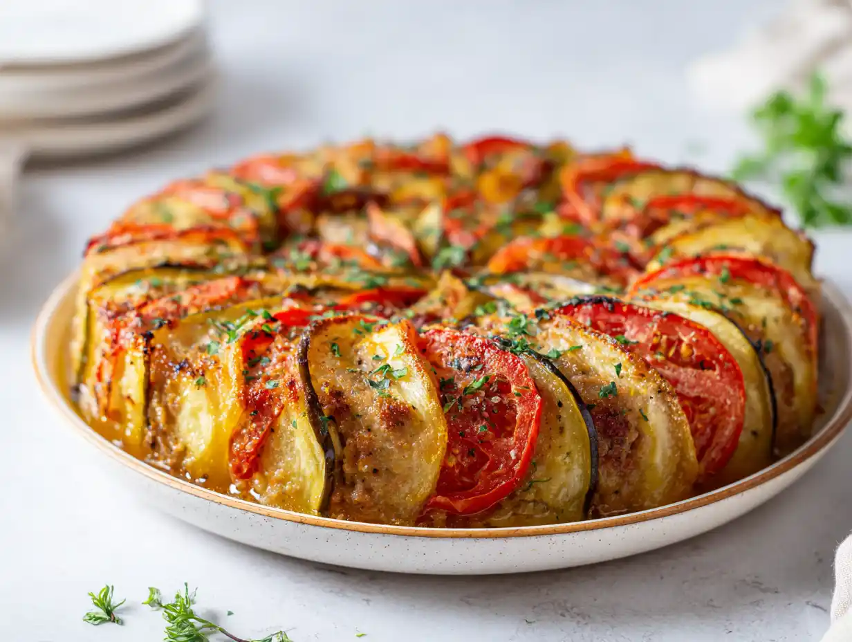 Kycklingfärs aubergine i ugn med varvade skivor av tomat och aubergine, saftig fyllning och persilja på toppen.