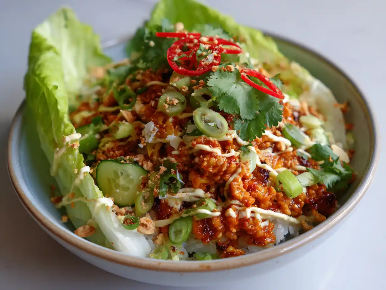 kycklingfärs ris i skål med klibbigt ris, sojastekt färs, chiligurka, salladslök, koriander och krämig sojamajonnäs.