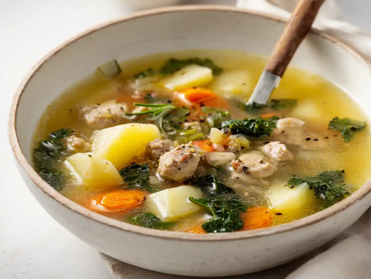 Kycklingfärs soppa i djup tallrik med potatis, morot, palsternacka och grönkål i klar buljong.