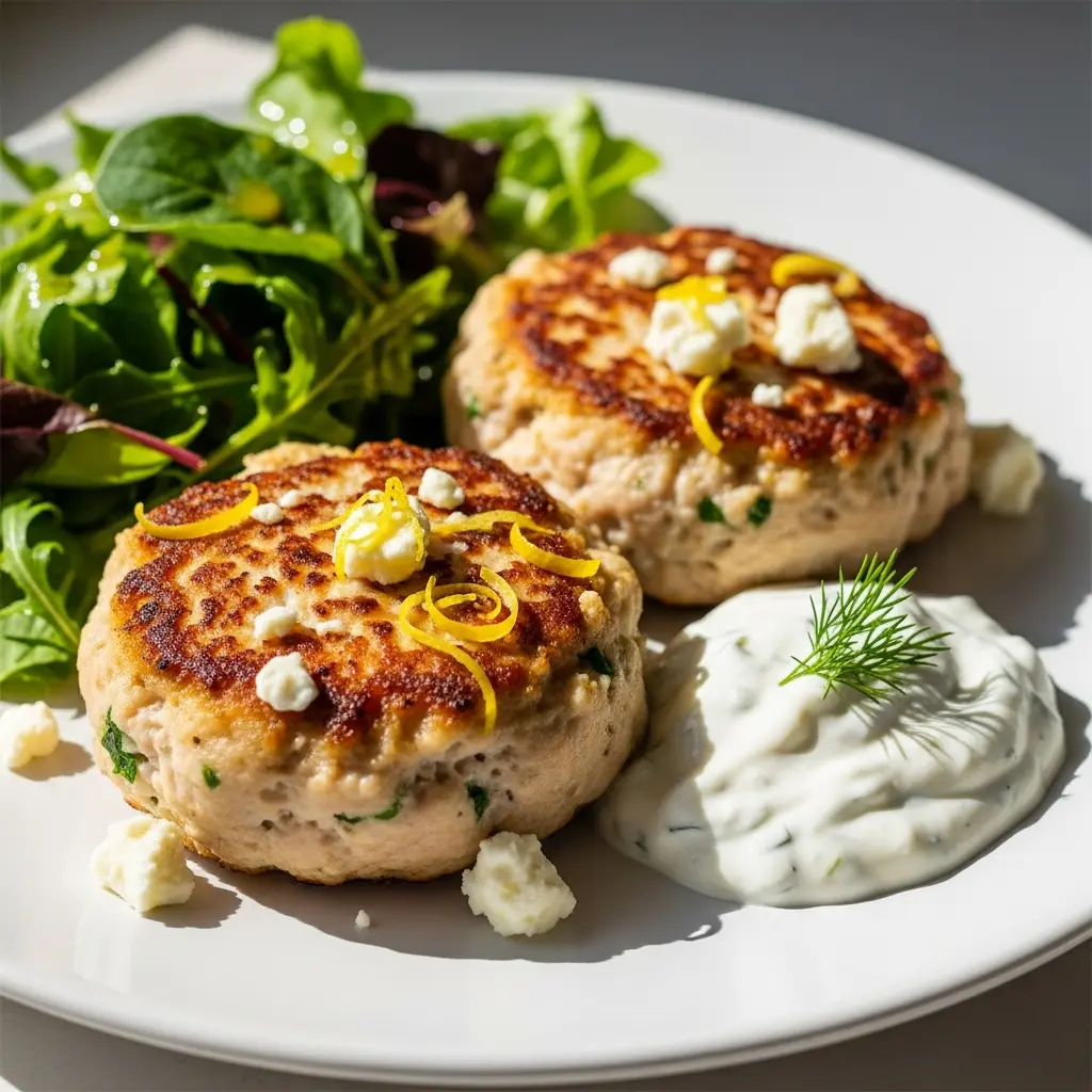 Kycklingfärsbiffar med vitost och tzatziki