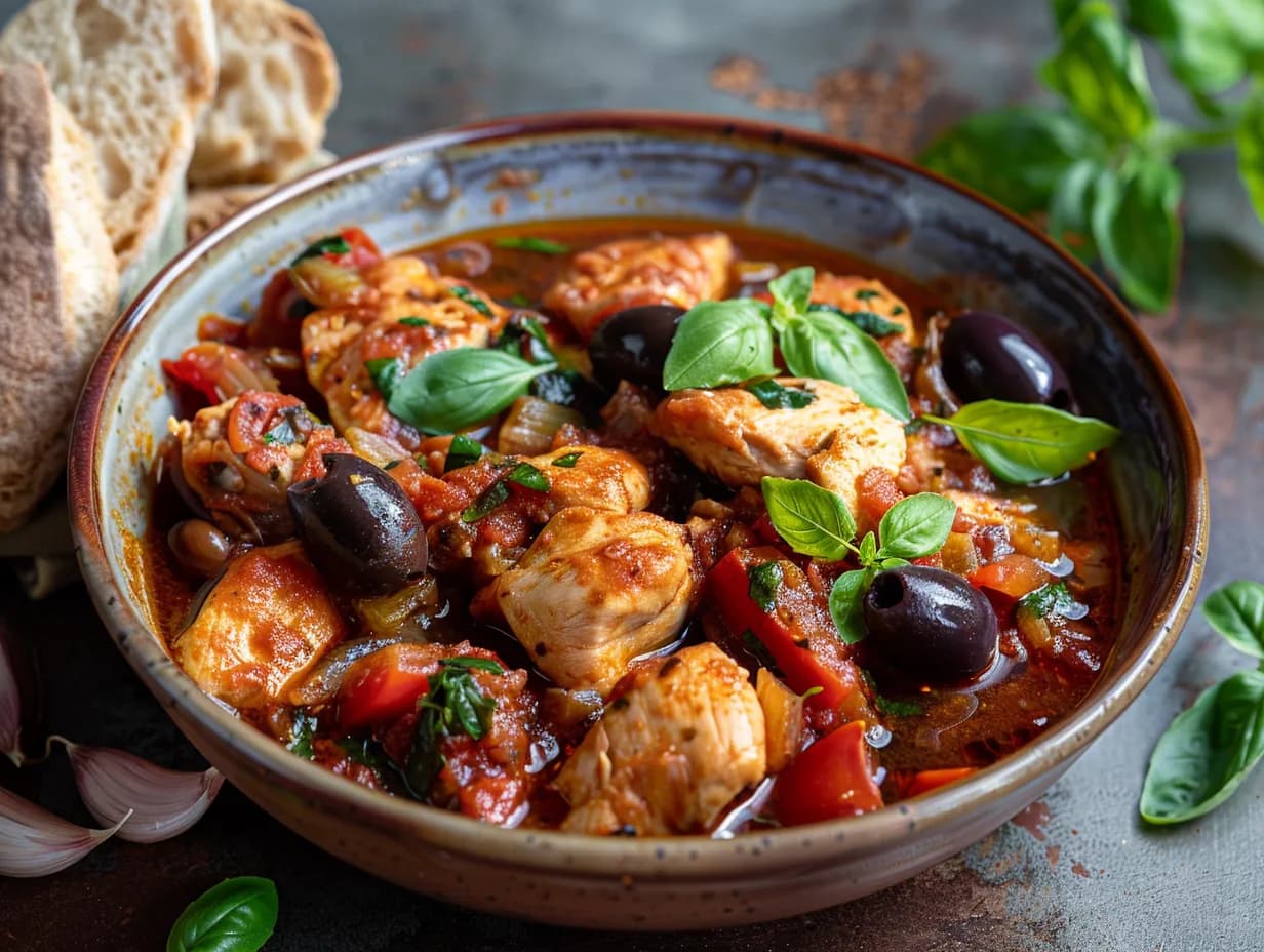 En närbild på en mustig kycklingfärsgryta med röd tomatsås, svarta oliver och färska örter i en rustik skål.