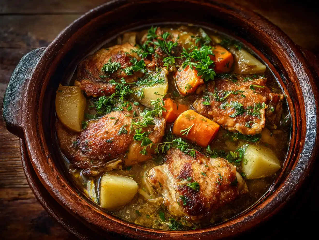 Kycklinglårfilé i lergryta tillagad långsamt med grönsaker och örter, serverad med potatis.