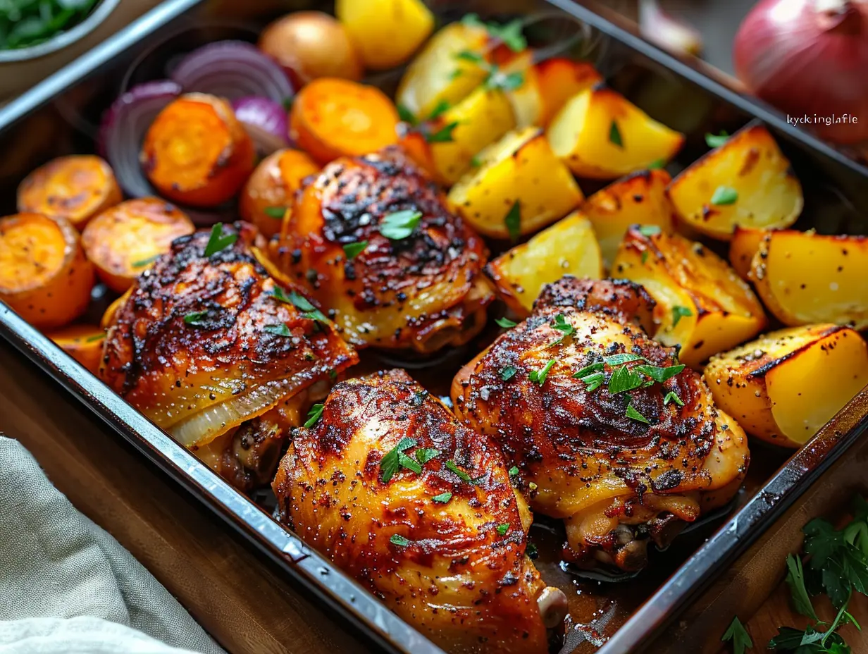 Nylagad plåt som visar ett härligt kycklinglårfilé recept med krispigt skinn och rostade grönsaker i rustik miljö.