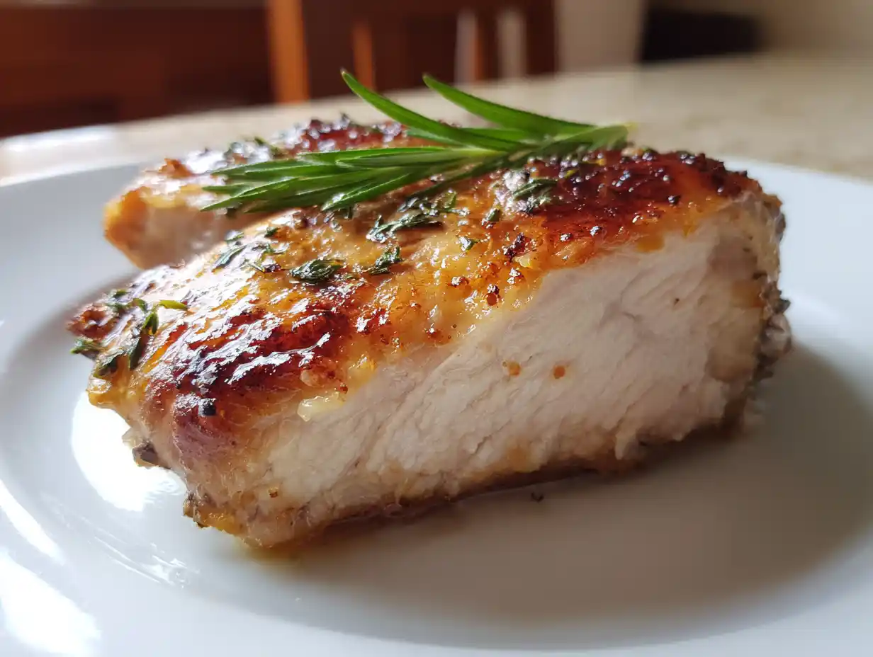 Kycklinglårfilé sous vide med gyllene stekyta och örter, serverad med citron och grönsaker.