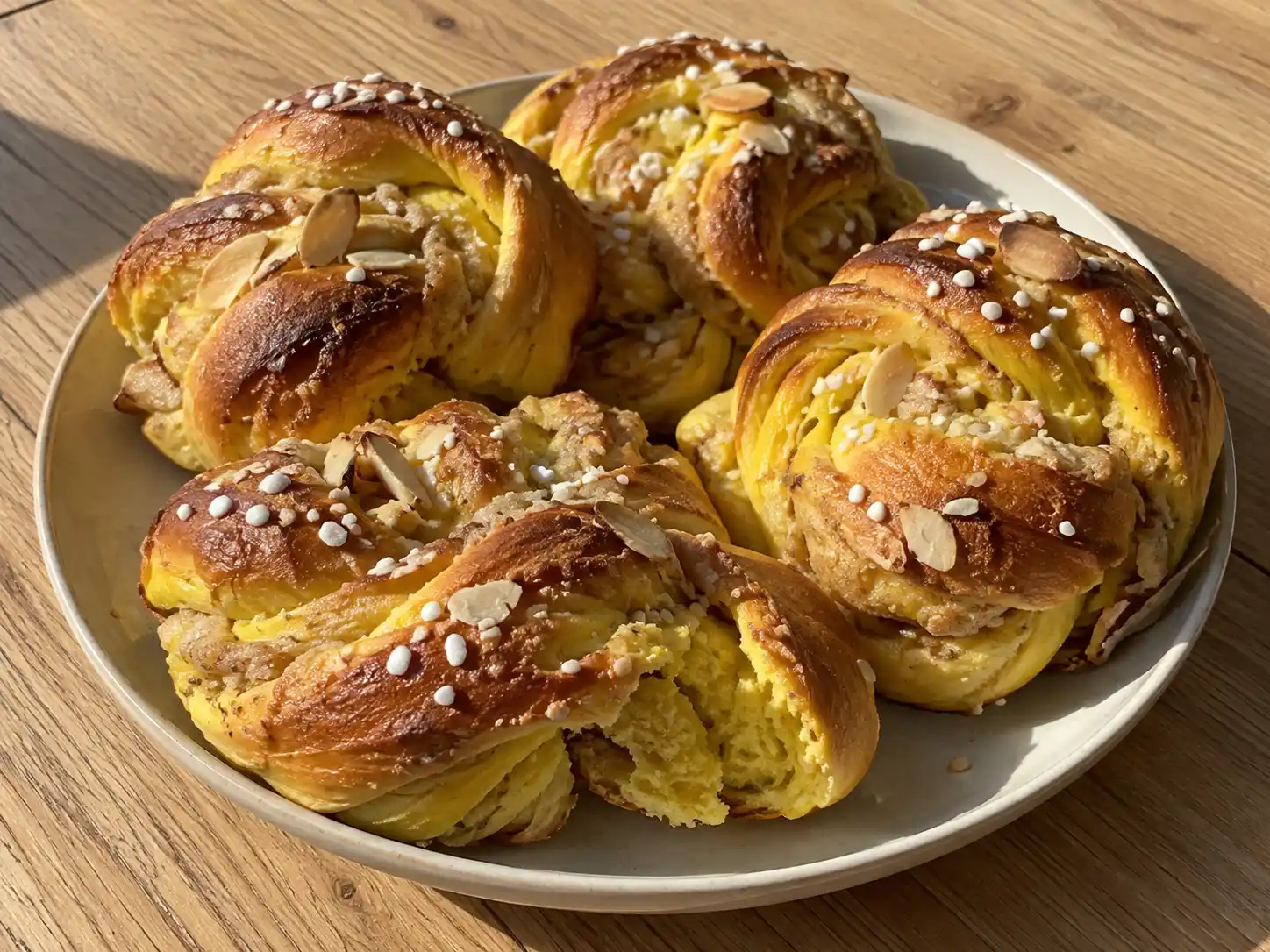 lussebullar med mandelmassa med gyllene saffransdeg, mandelspån och pärlsocker på en enkel tallrik