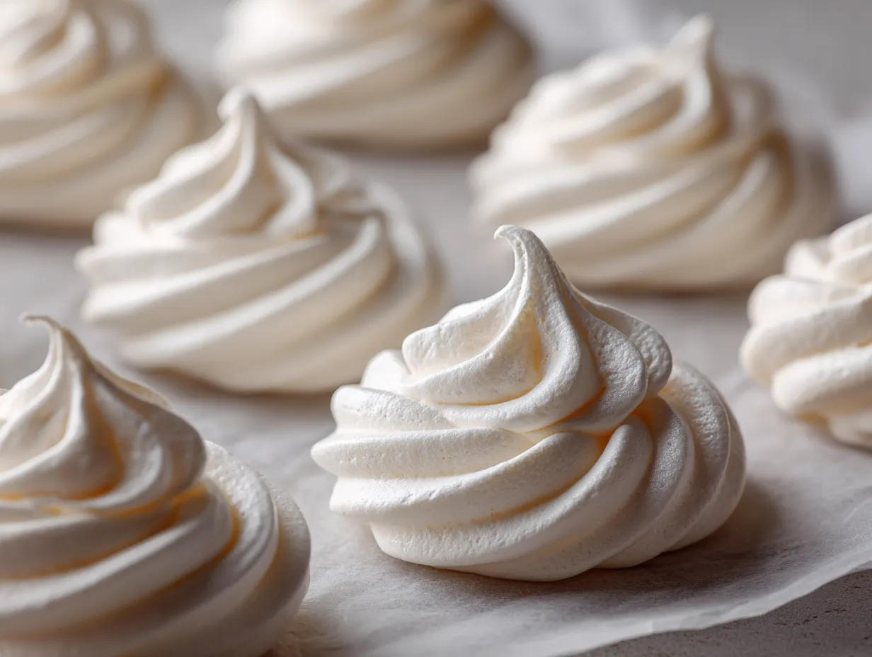 Spritsade vita maränger på en plåt med bakplåtspapper, redo att serveras som en spröd och söt efterrätt.