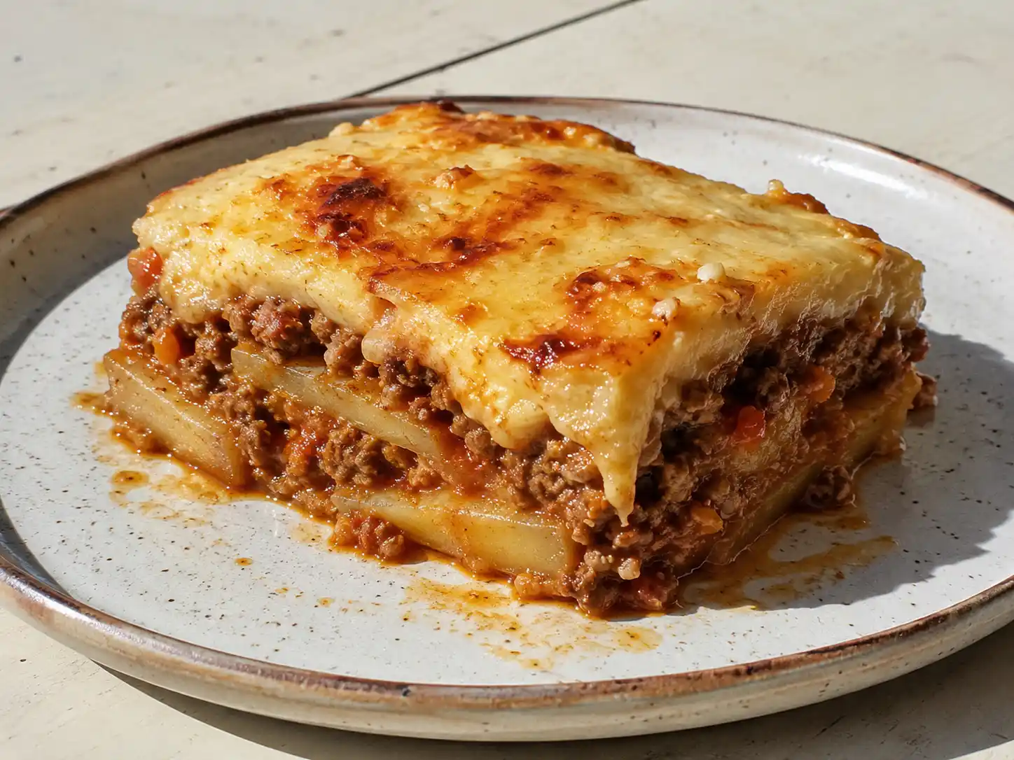 moussaka med potatis köttfärs i ugnsform med gyllene ostsås, tydliga potatislager och mustig färssås