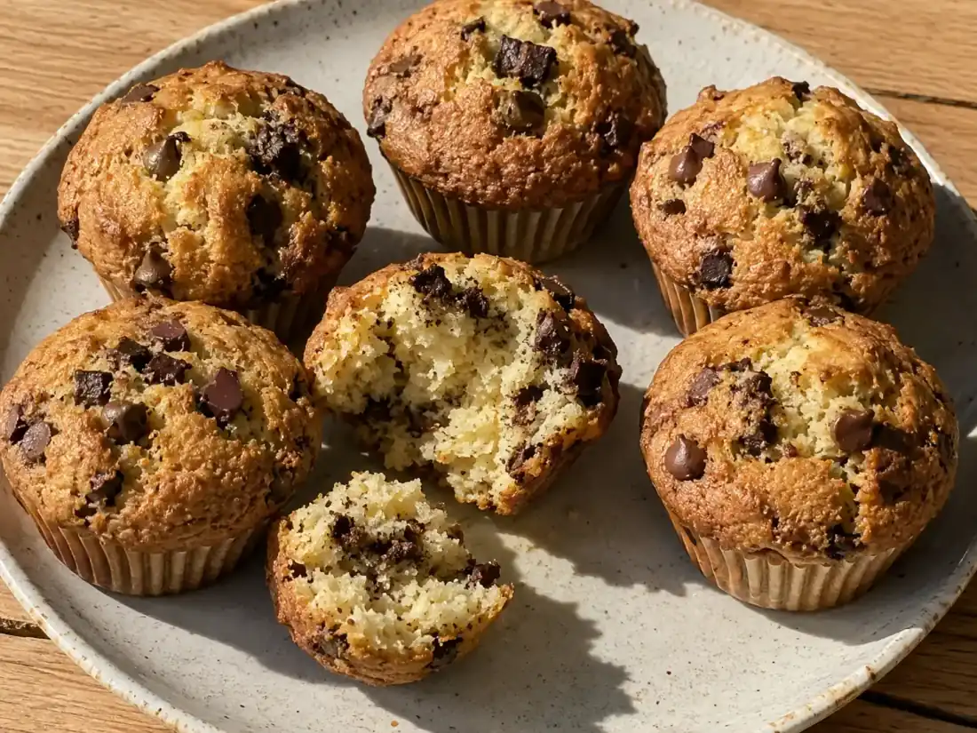 muffins med chokladbitar på tallrik med gyllene toppar, mörka chokladbitar och saftig smula