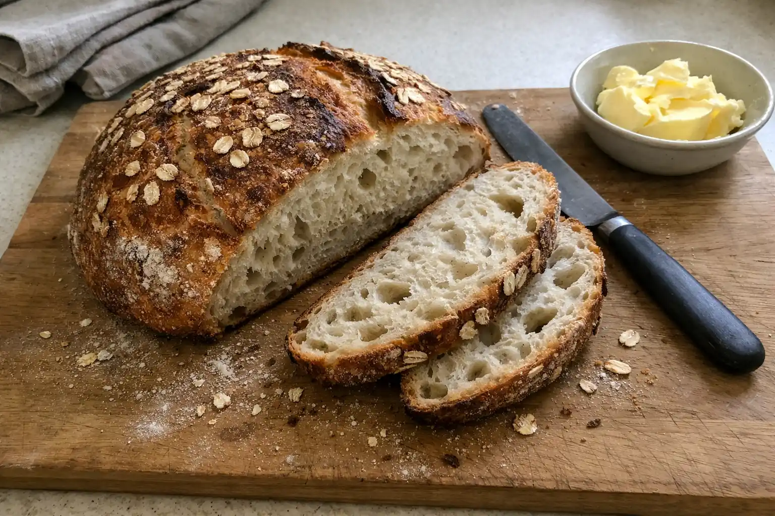 Nattjäst bröd med knaprig gyllene skorpa och öppna luftbubblor i inkråmet, skuret på en skärbräda